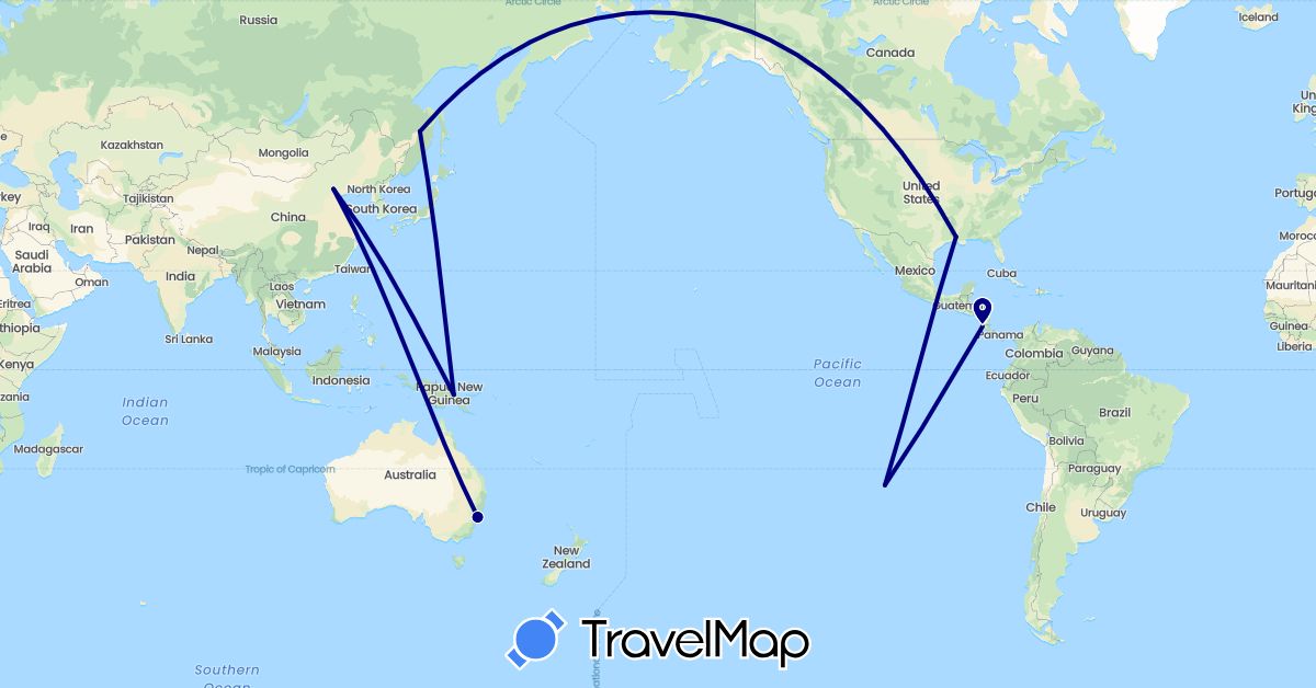 TravelMap itinerary: driving in Australia, Chile, China, Costa Rica, Papua New Guinea, Russia, United States (Asia, Europe, North America, Oceania, South America)